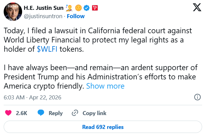 Джастин Сан подал в суд на World Liberty Financial из-за замороженных токенов