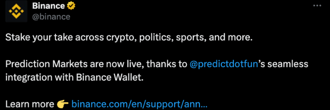 Криптобиржа Binance представила собственные рынки предсказаний