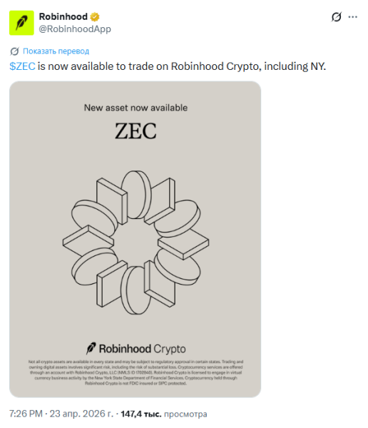 После листинга на Robinhood цена криптовалюты Zcash выросла на 45%