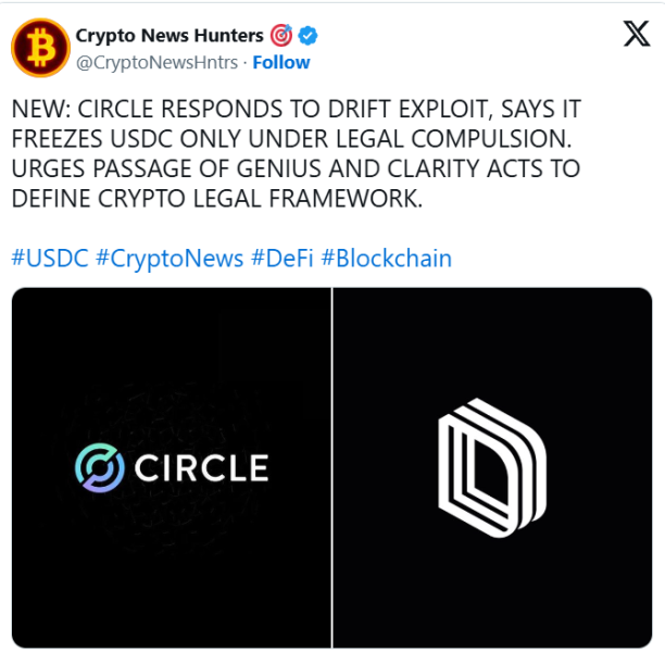 В Circle наконец объяснили отсутствие заморозки USDC после взлома Drift Protocol