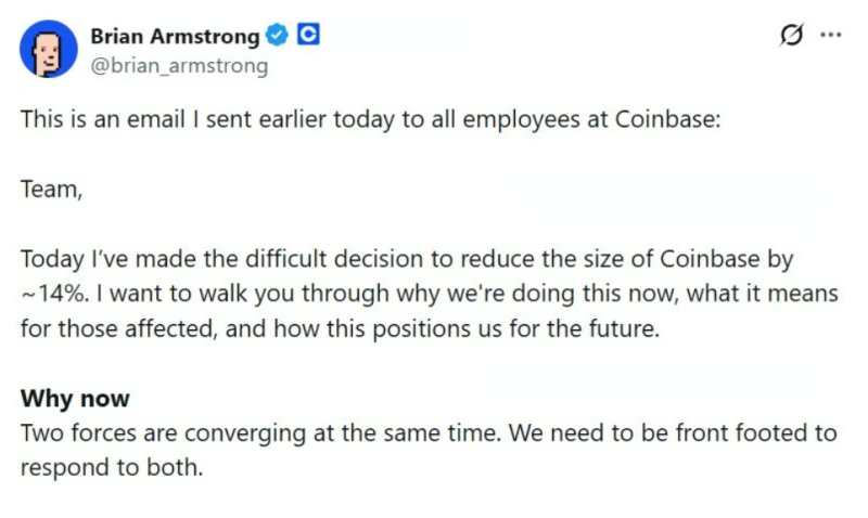 Брайан Армстронг: Coinbase сократит 14% сотрудников из-за спада на рынке и внедрение ИИ