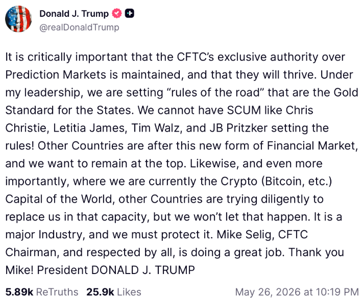 Дональд Трамп: CFTC должна стать единственным регулятором рынков прогнозов