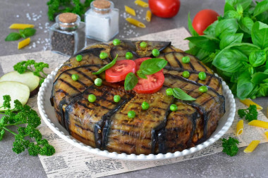 Тимбаль из баклажанов с макаронами и фаршем